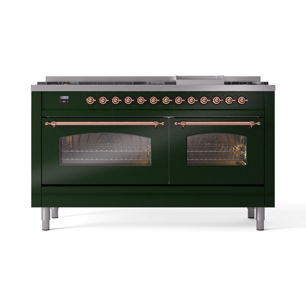 Emerald green dual fuel range front with two glass oven doors and copper control rails