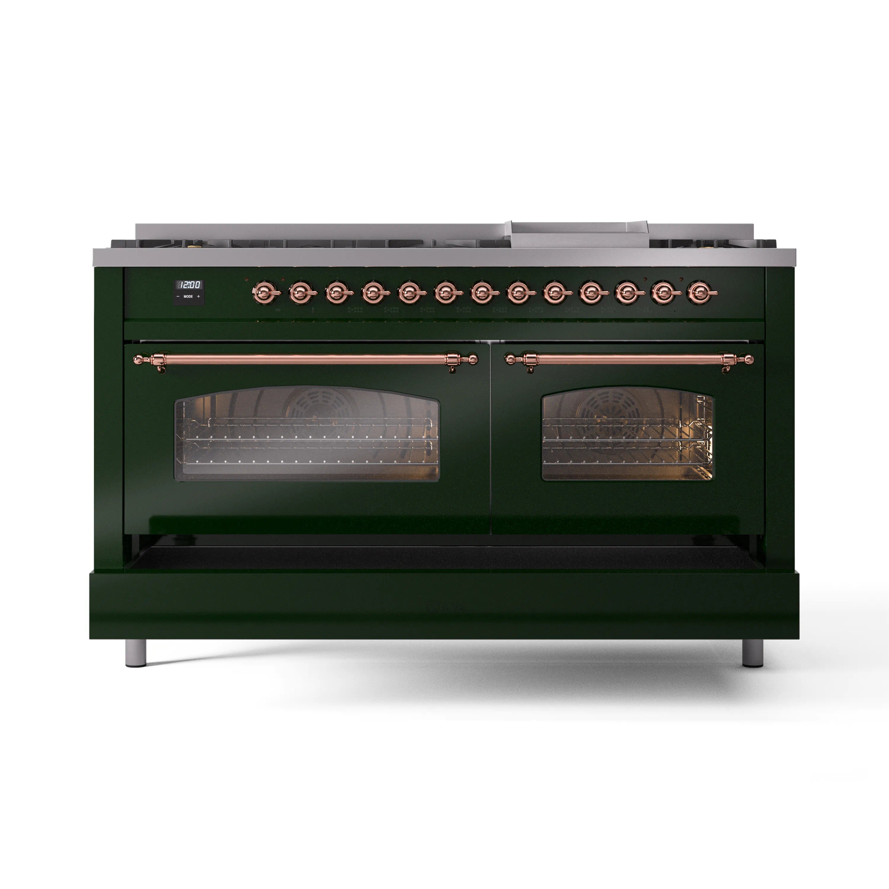 Emerald green dual fuel range with copper control bar and two viewing oven doors