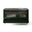 ILVE 60-Inch Nostalgie II Propane Gas Dual Fuel Range with 9 Burners, Griddle and Triple Glass Door Oven in Emerald Green with Copper Trim (UP60FNMPEGPLP)