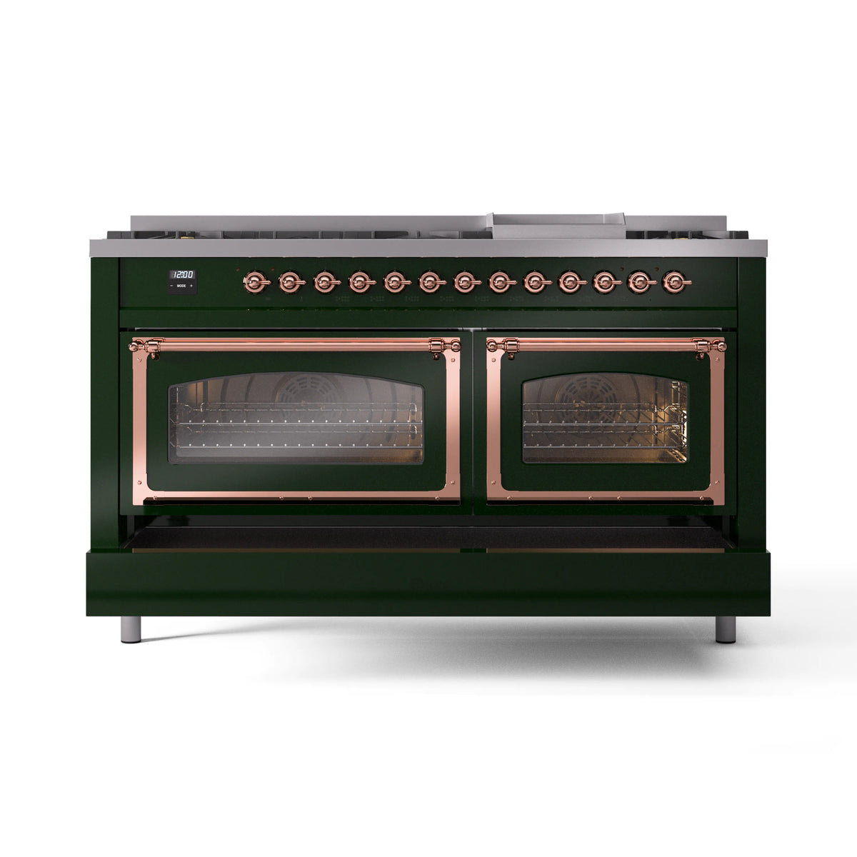 Emerald green dual fuel range with copper-trimmed doors and two oven windows