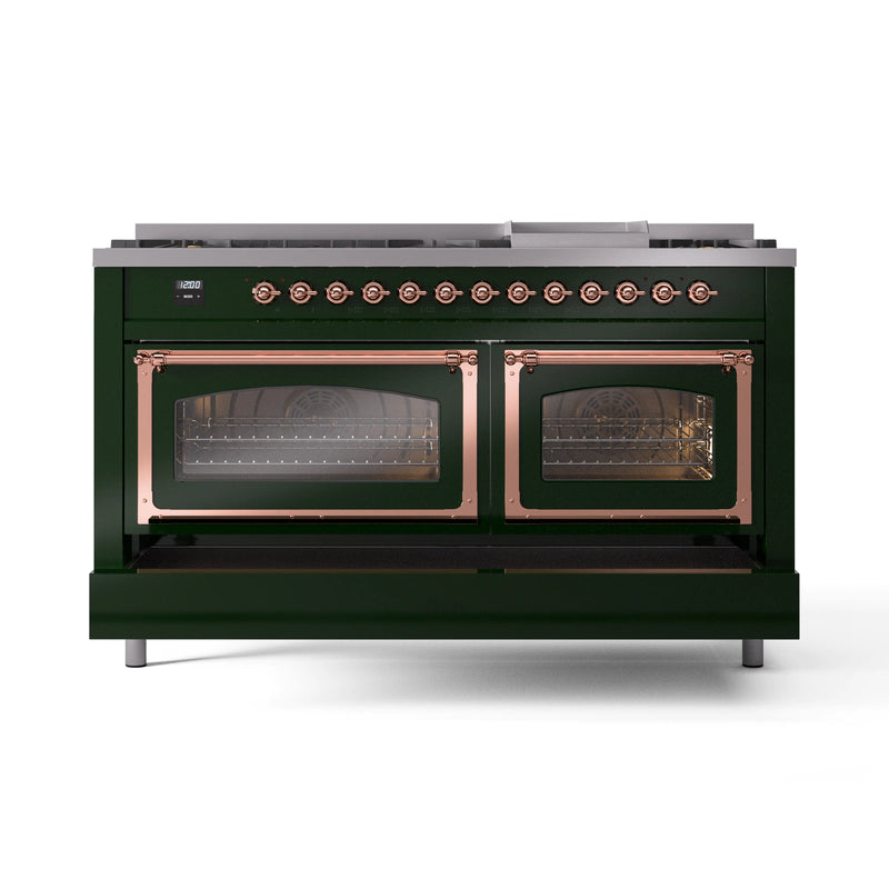 ILVE 60-Inch Nostalgie II Noblesse Dual Fuel Range with 9 Sealed Burners, Griddle, Triple Glass Door Oven in Emerald Green with Copper Trim (UN60FNMPEGP)