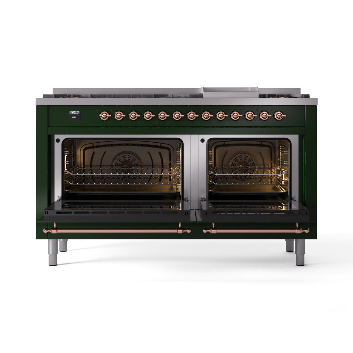 Emerald green dual fuel range with both oven doors open, copper handles and racks