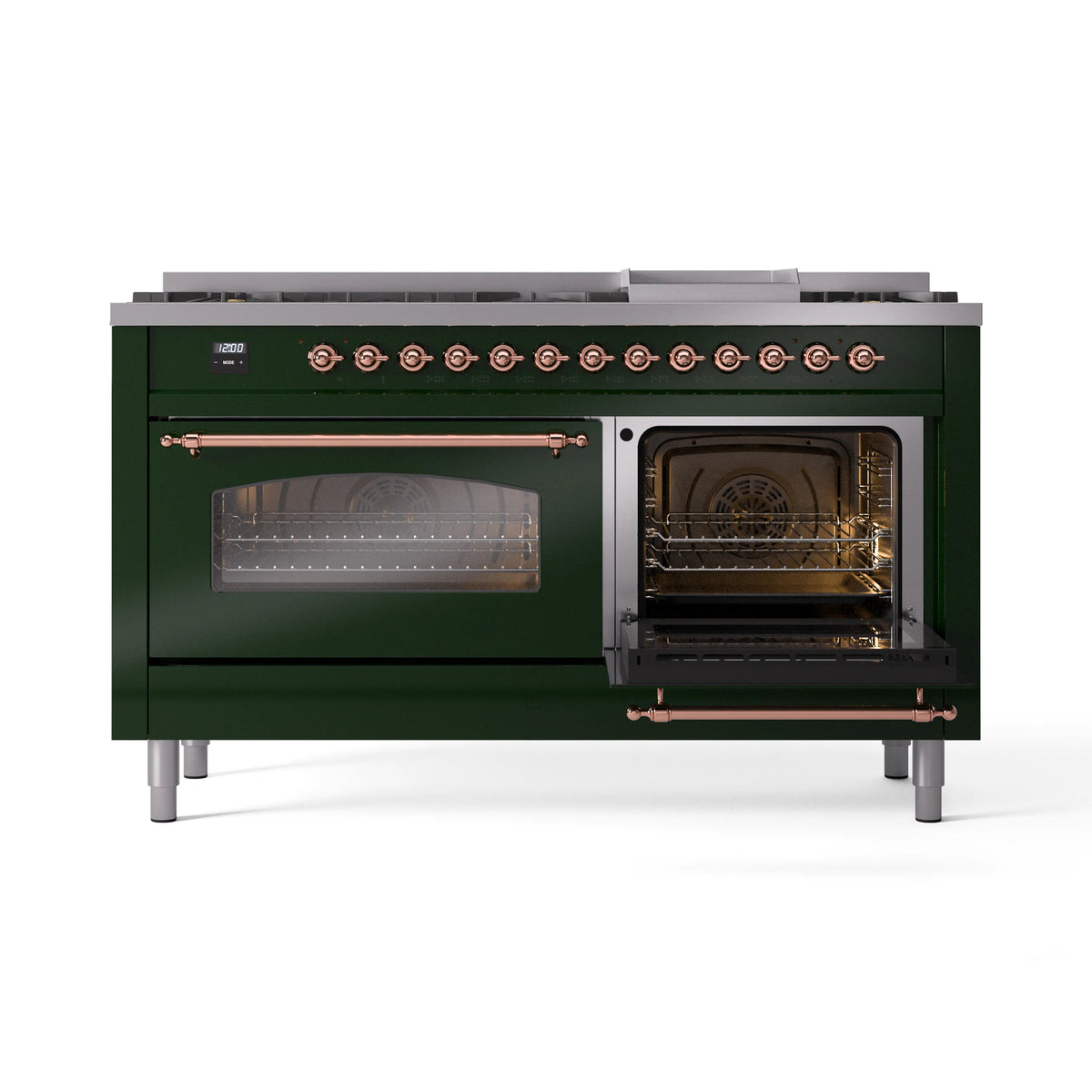 Emerald green dual fuel range with both ovens open and copper handles visible