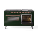 ILVE 60-Inch Nostalgie II Propane Gas Dual Fuel Range with 9 Burners, Griddle and Triple Glass Door Oven in Emerald Green with Copper Trim (UP60FNMPEGPLP)