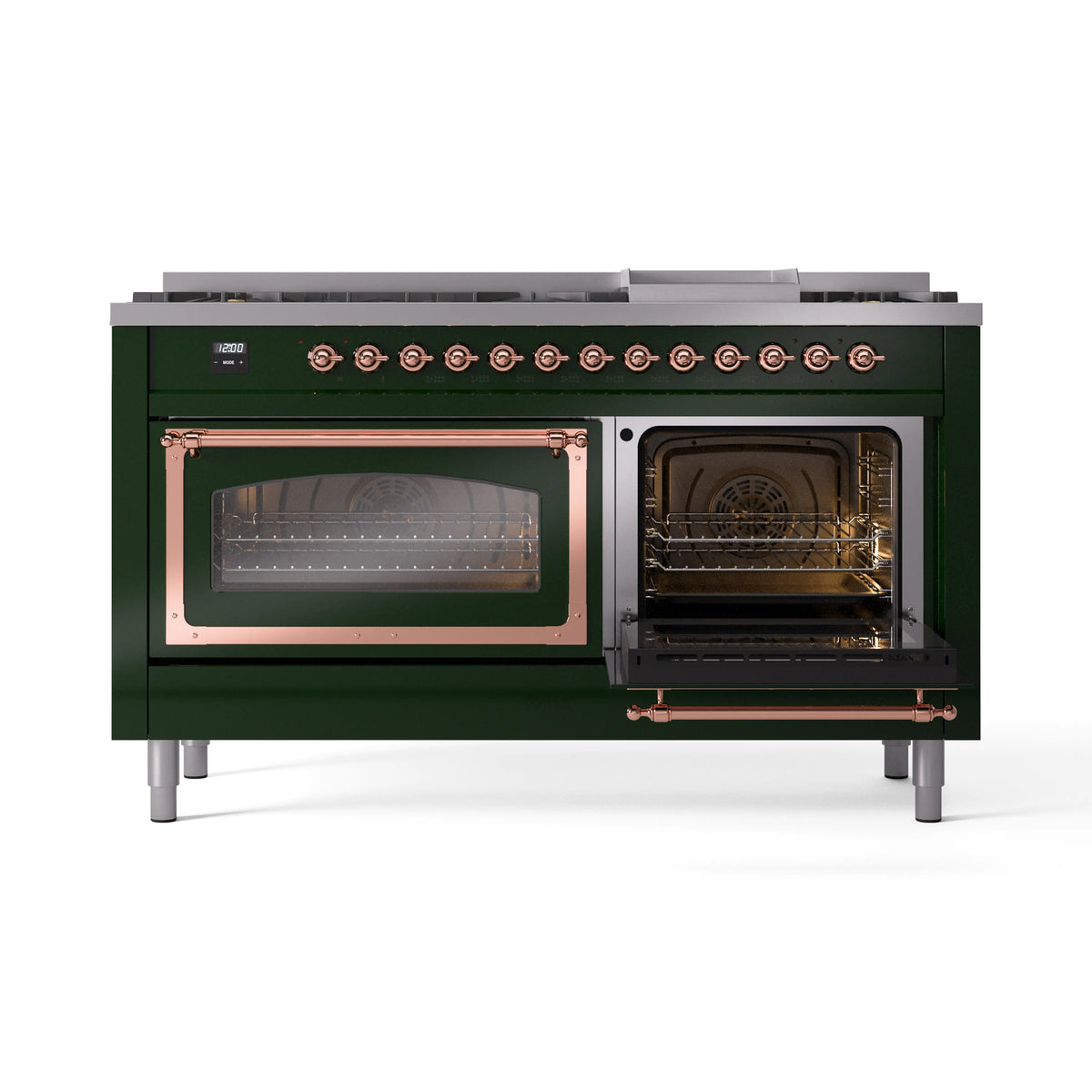 Emerald green dual fuel range with one open oven door and copper-trimmed glass