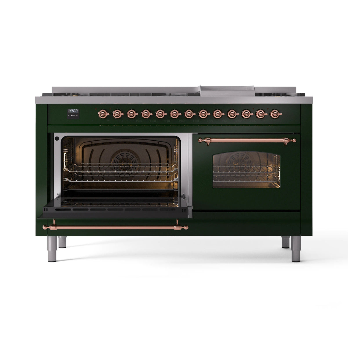 Emerald green dual fuel range with left oven open showing interior racks and fan
