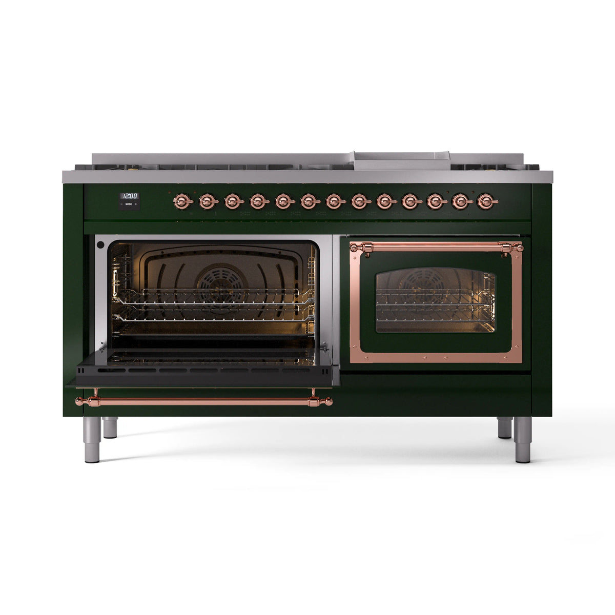 Emerald green dual fuel range with both ovens open, copper trim, and racks