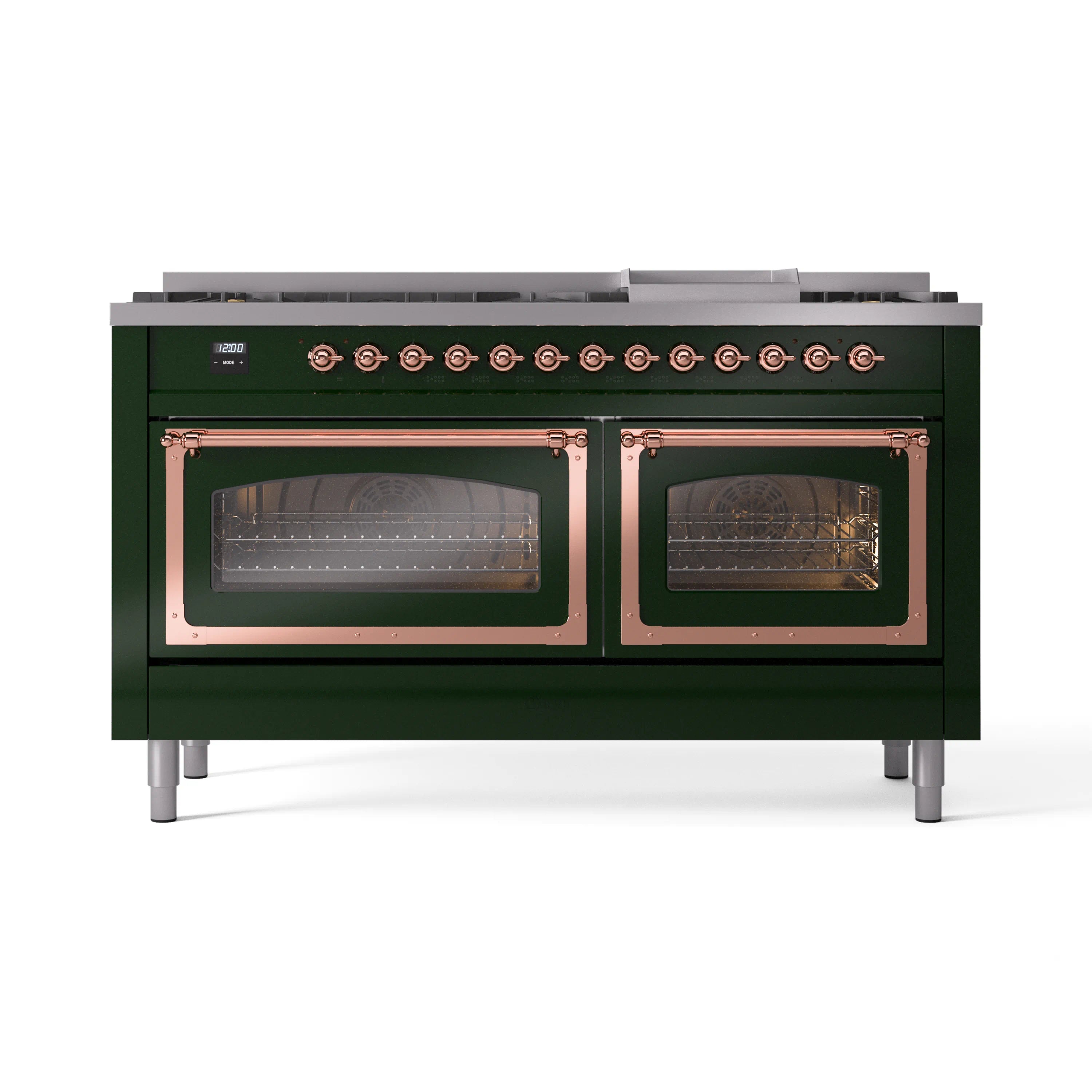 Emerald green range front with two oven doors and copper-trim accents
