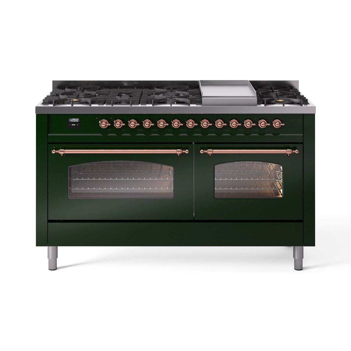 Emerald green dual fuel range with burner grates, two glass oven doors, copper trim