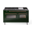 ILVE 60-Inch Nostalgie II Propane Gas Dual Fuel Range with 9 Burners, Griddle and Triple Glass Door Oven in Emerald Green with Copper Trim (UP60FNMPEGPLP)