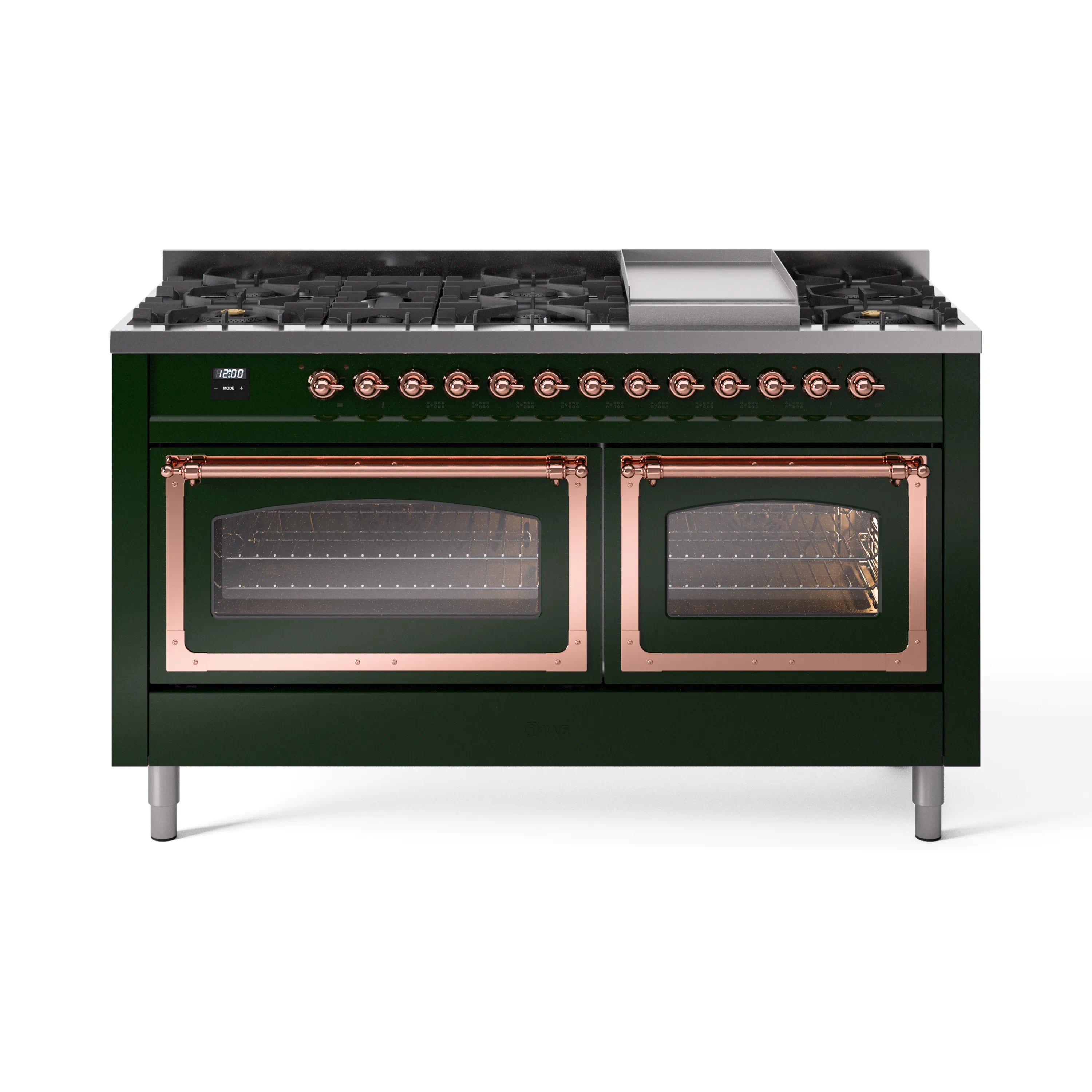 Emerald green dual-fuel range with copper-trim knobs and four gas burners