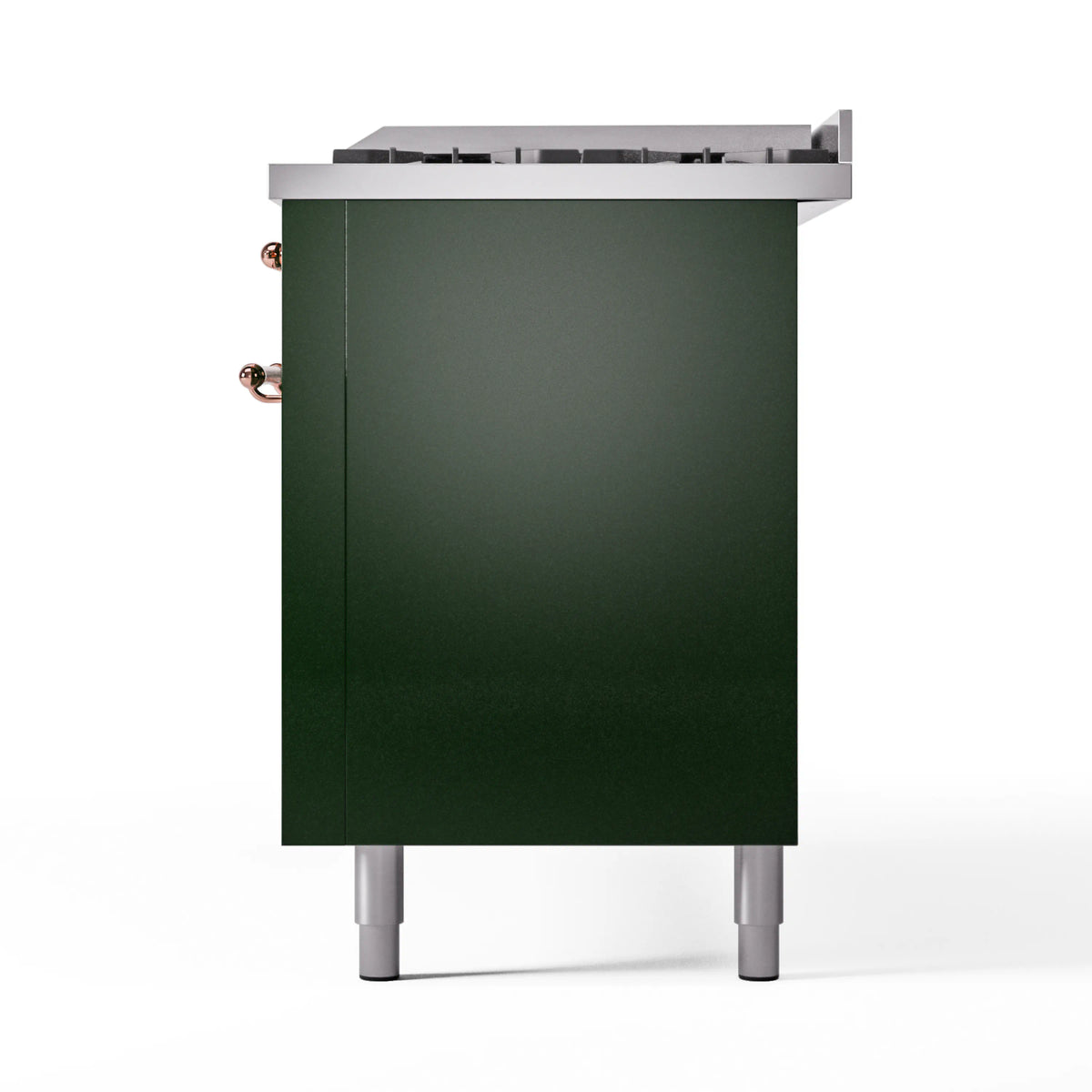 Emerald green side panel of a dual fuel range with copper handle accents
