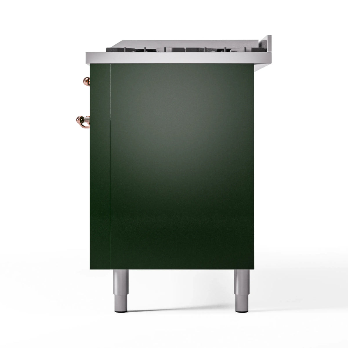 Emerald green dual fuel range back panel with exposed copper side fittings and legs