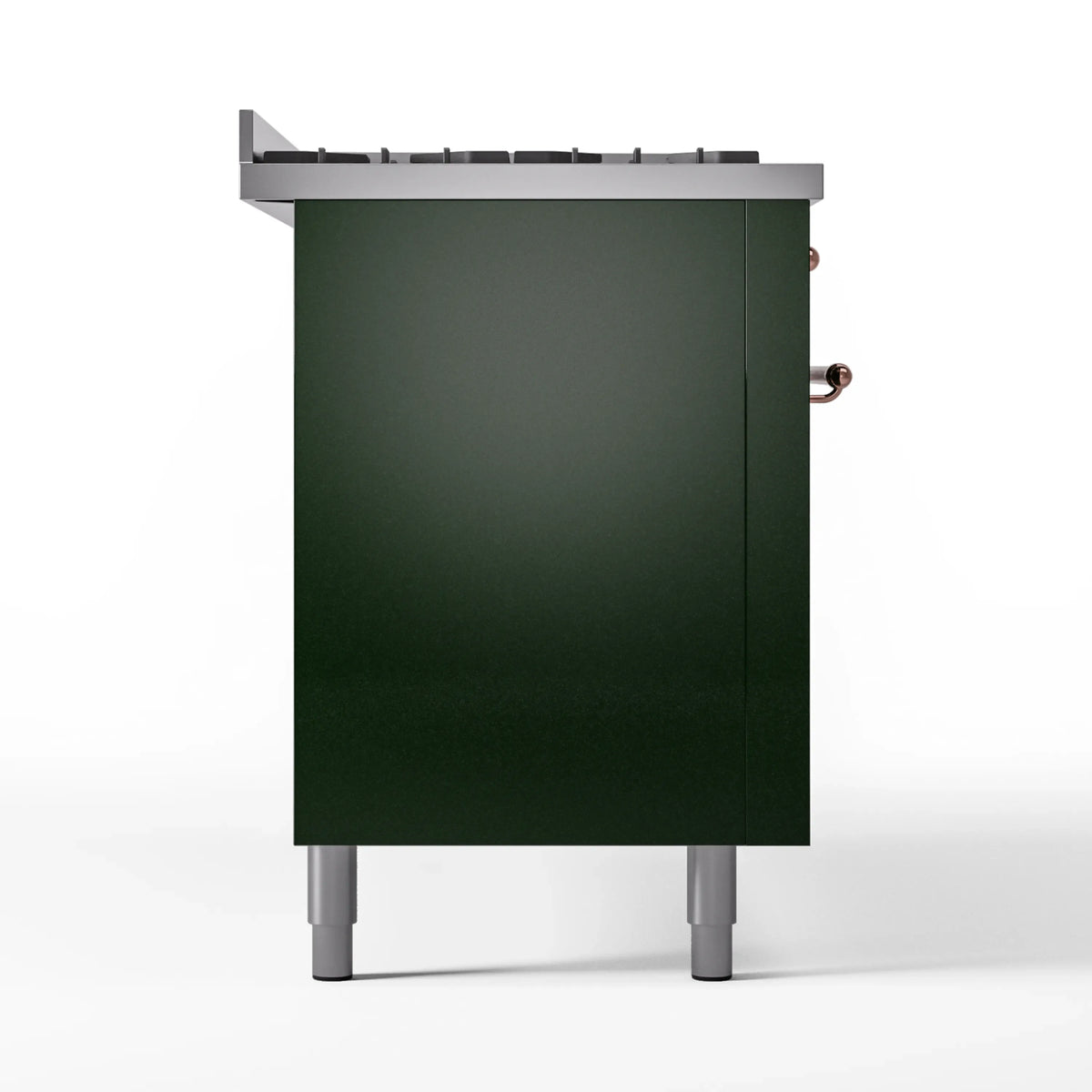 Emerald green dual fuel range rear panel with copper trim and leveling legs