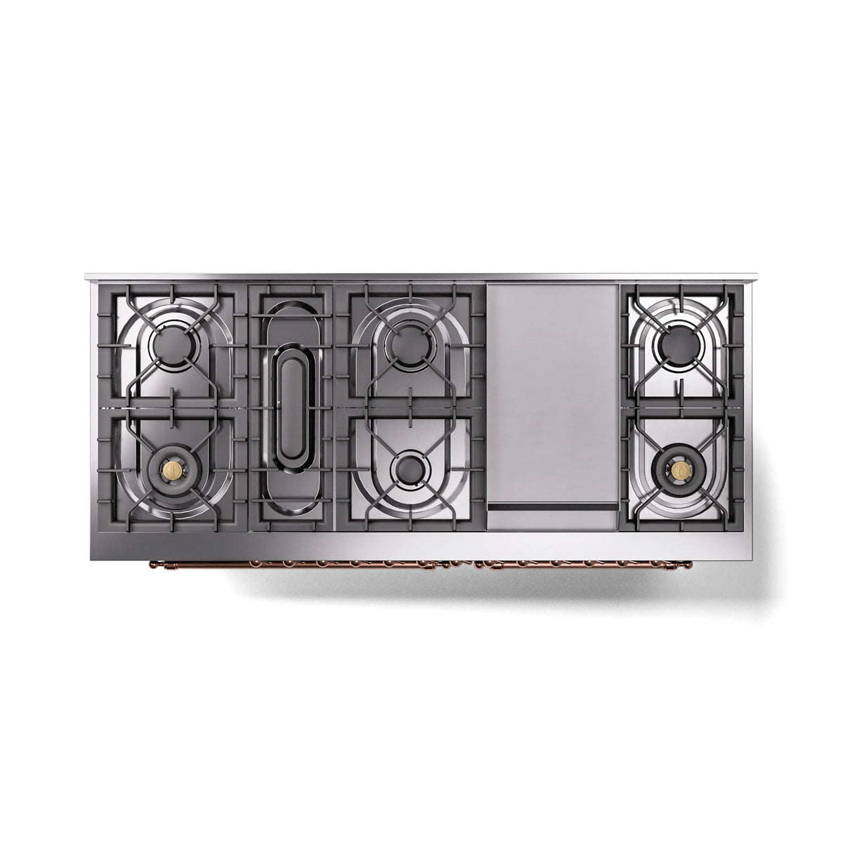Underside view of emerald green dual fuel range cooktop grates and burner layout