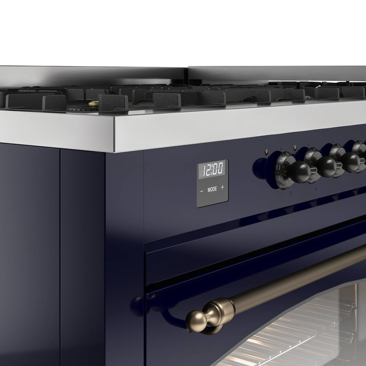 Midnight blue range control panel with digital display, bronze knobs, and oven handle
