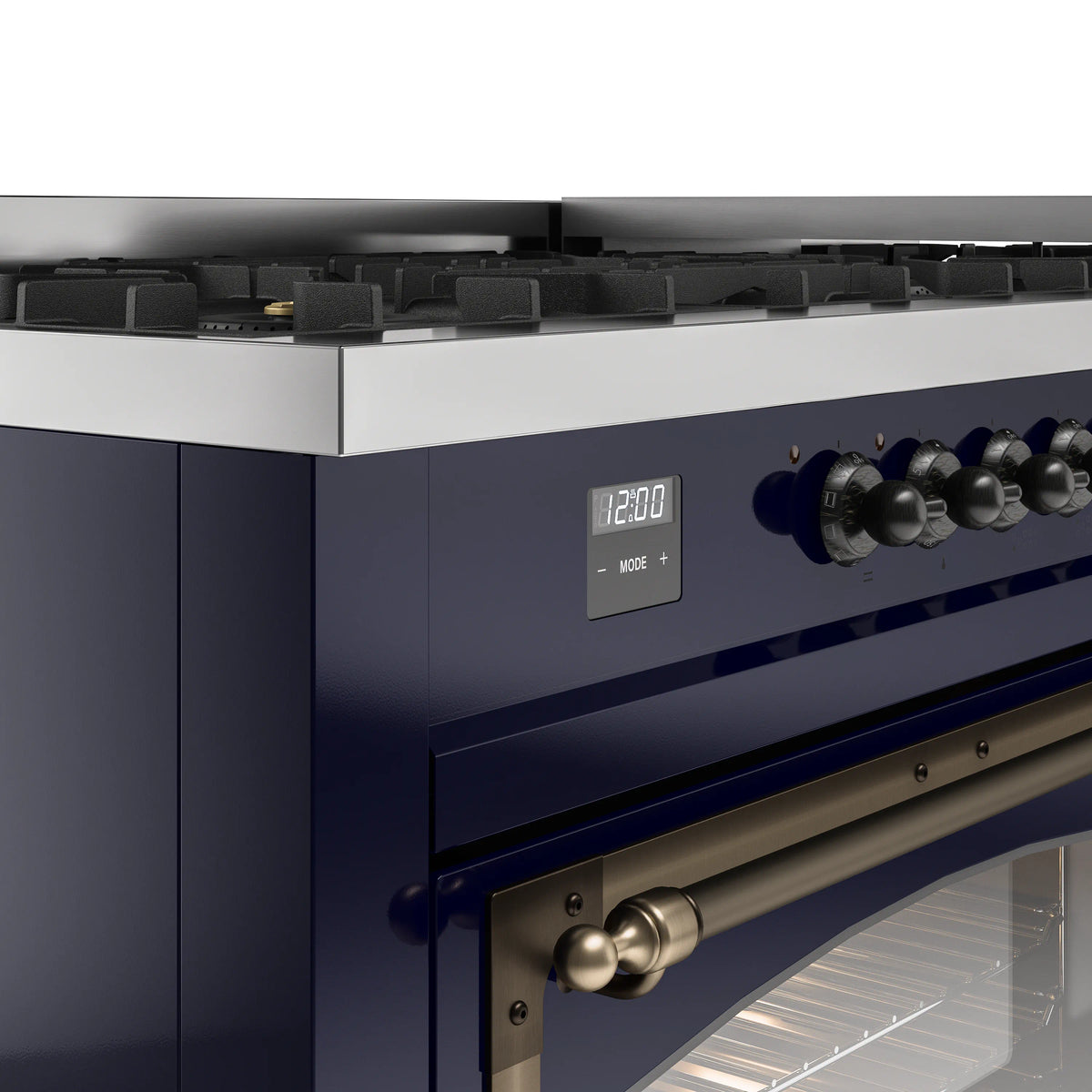 Midnight blue dual-fuel range control panel with clock display and bronze knobs