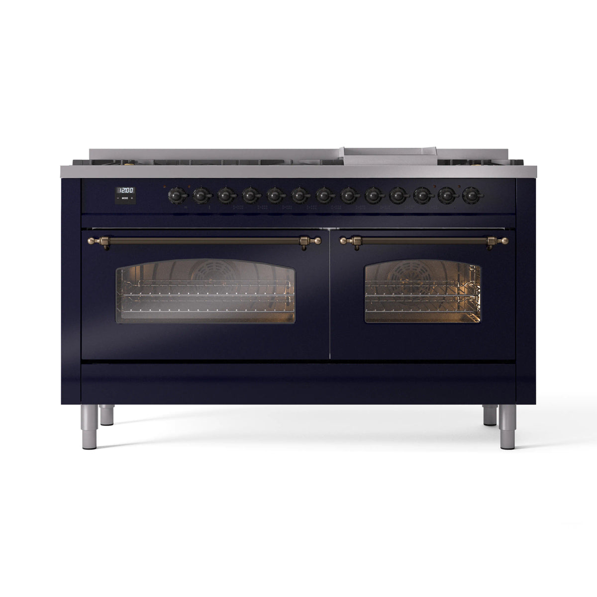 Midnight blue dual fuel range with closed triple-glass oven doors and bronze handles