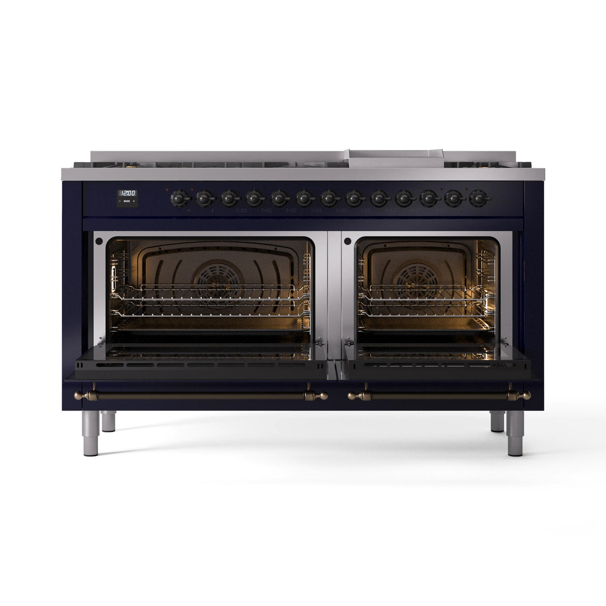 Midnight blue dual fuel range with two open oven doors and bronze trim