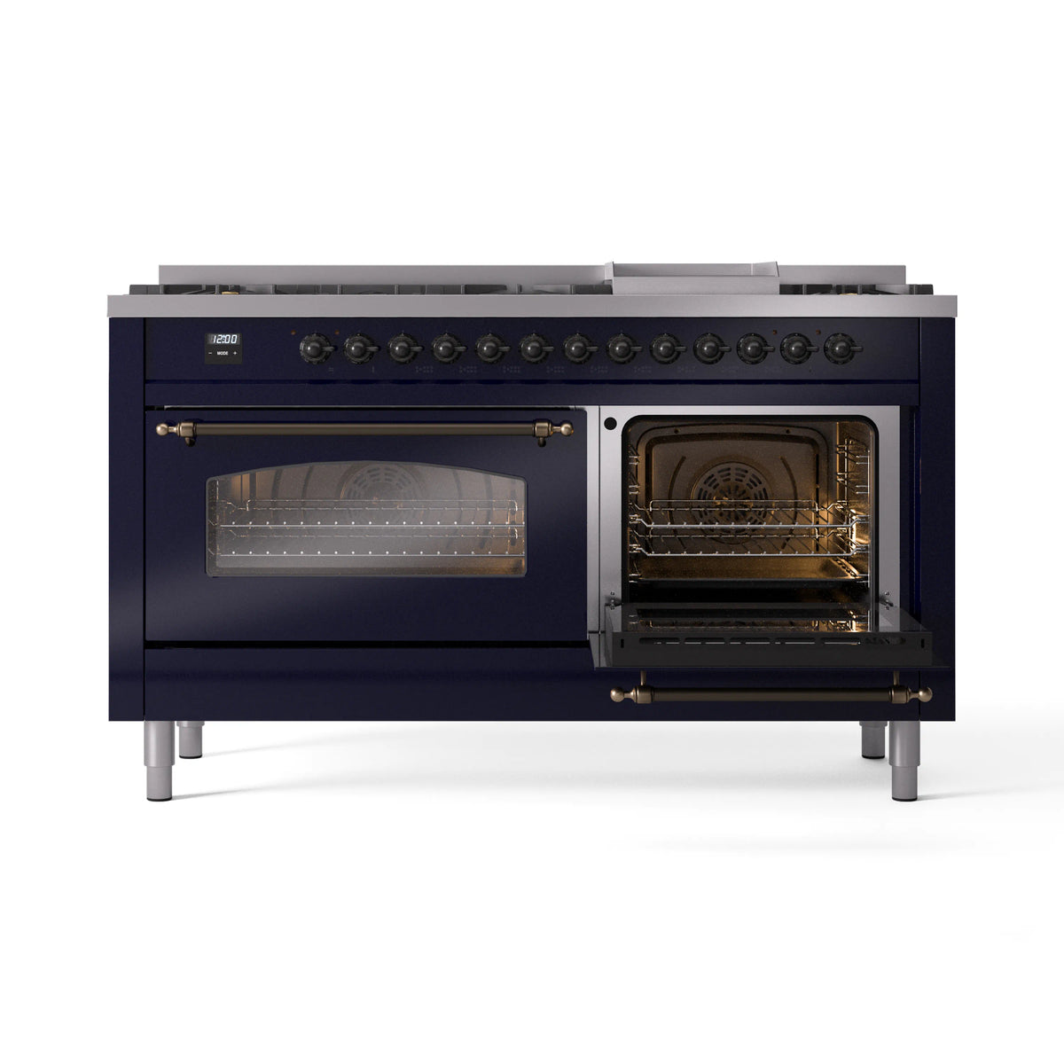 Midnight blue dual fuel range with one closed and one open oven door, bronze trim