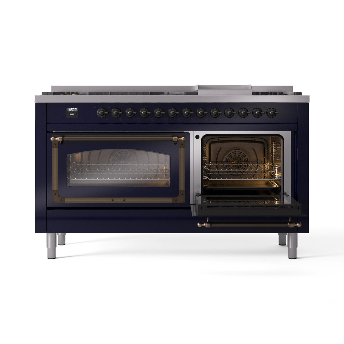 Midnight blue dual-fuel range with one oven door open and visible oven interior