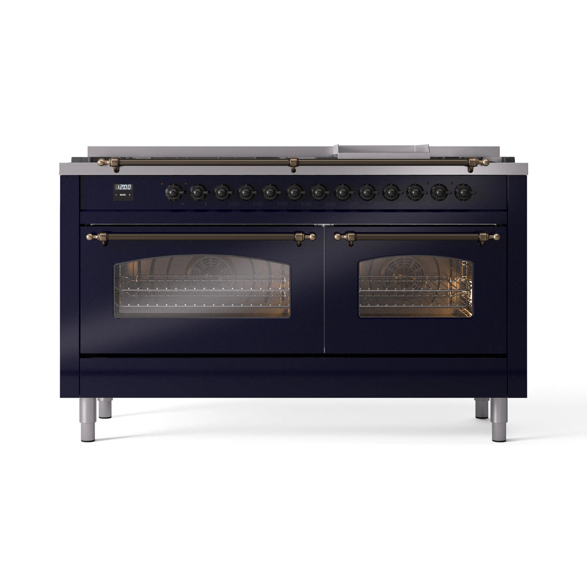 Midnight blue dual fuel range with closed triple-glass oven doors and bronze handles