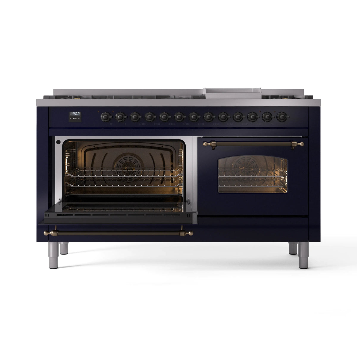 Midnight blue range with right oven door open and left oven window visible