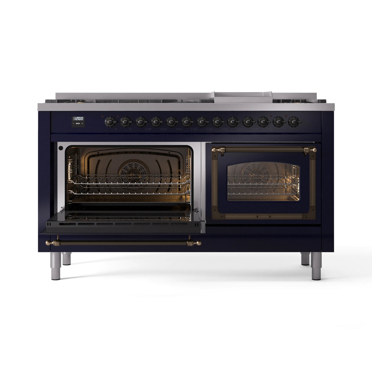 Midnight blue dual-fuel range with both oven doors open and glowing oven burners