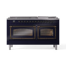ILVE 60-Inch Nostalgie II Noblesse Propane Gas Dual Fuel Range with 9 Sealed Burners, Griddle, Triple Glass Door Oven in Midnight Blue with Bronze Trim (UN60FNMPMBBLP)