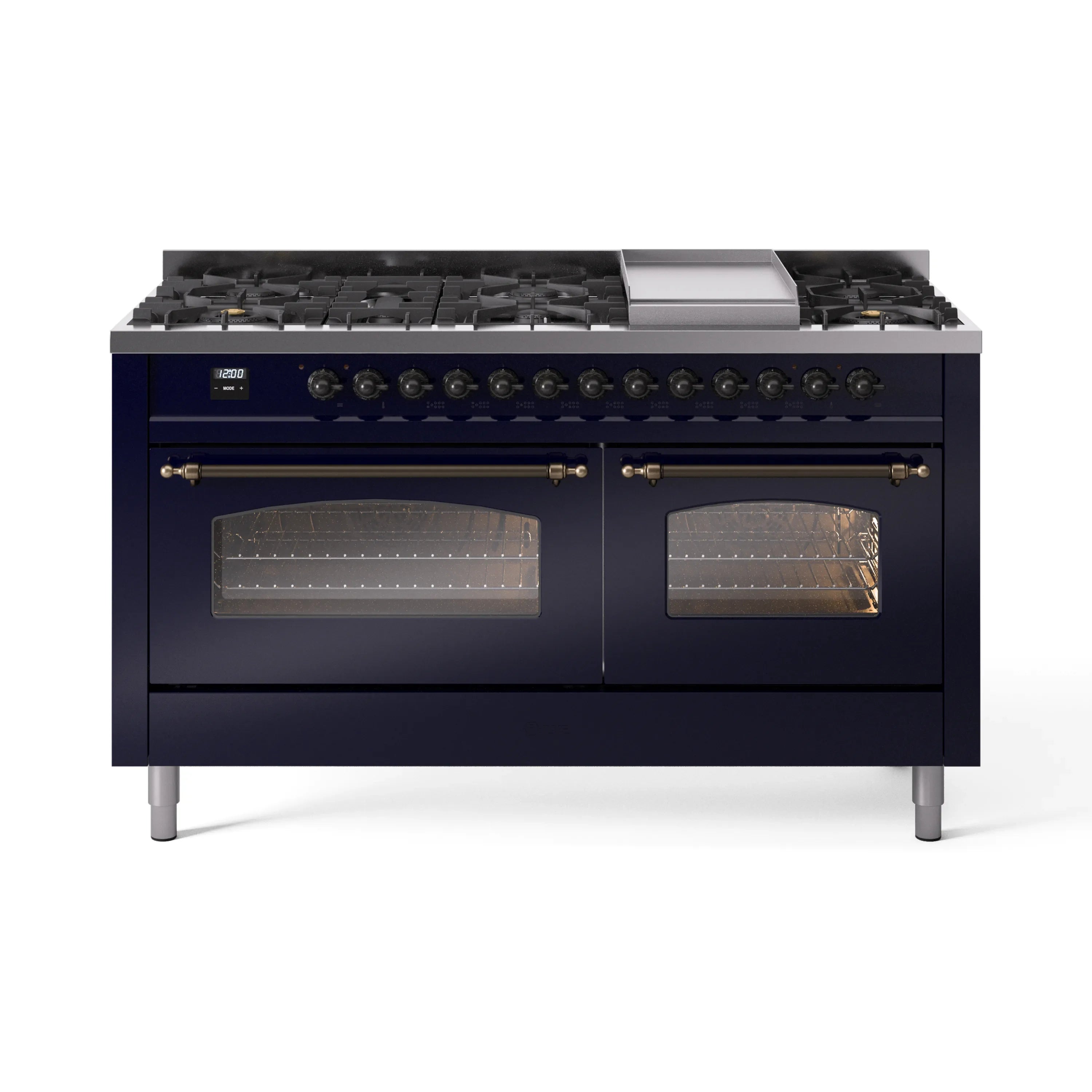 Midnight blue gas range front with burner knobs and two glass oven doors