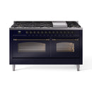 ILVE 60-Inch Nostalgie II Propane Gas Dual Fuel Range with 9 Burners, Griddle and Triple Glass Door Oven in Midnight Blue with Bronze Trim (UP60FNMPMBBLP)