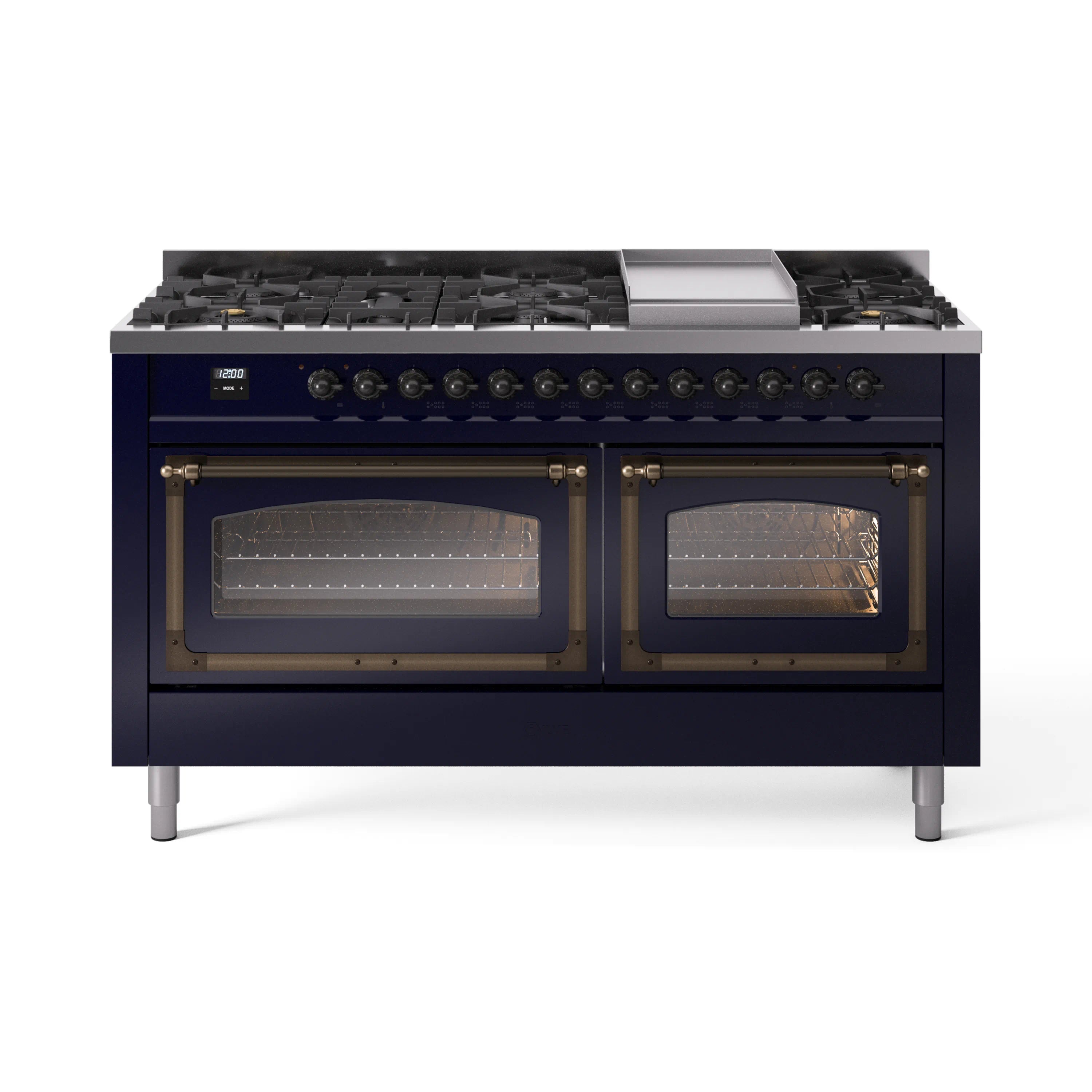 Midnight blue dual-fuel range with cooktop burners and two oven doors