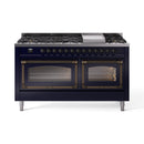 ILVE 60-Inch Nostalgie II Noblesse Propane Gas Dual Fuel Range with 9 Sealed Burners, Griddle, Triple Glass Door Oven in Midnight Blue with Bronze Trim (UN60FNMPMBBLP)