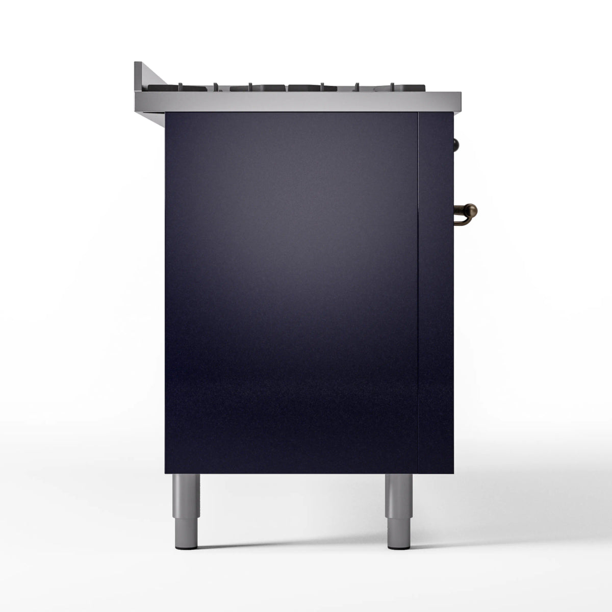 Midnight blue dual fuel range rear corner view with bronze side fittings