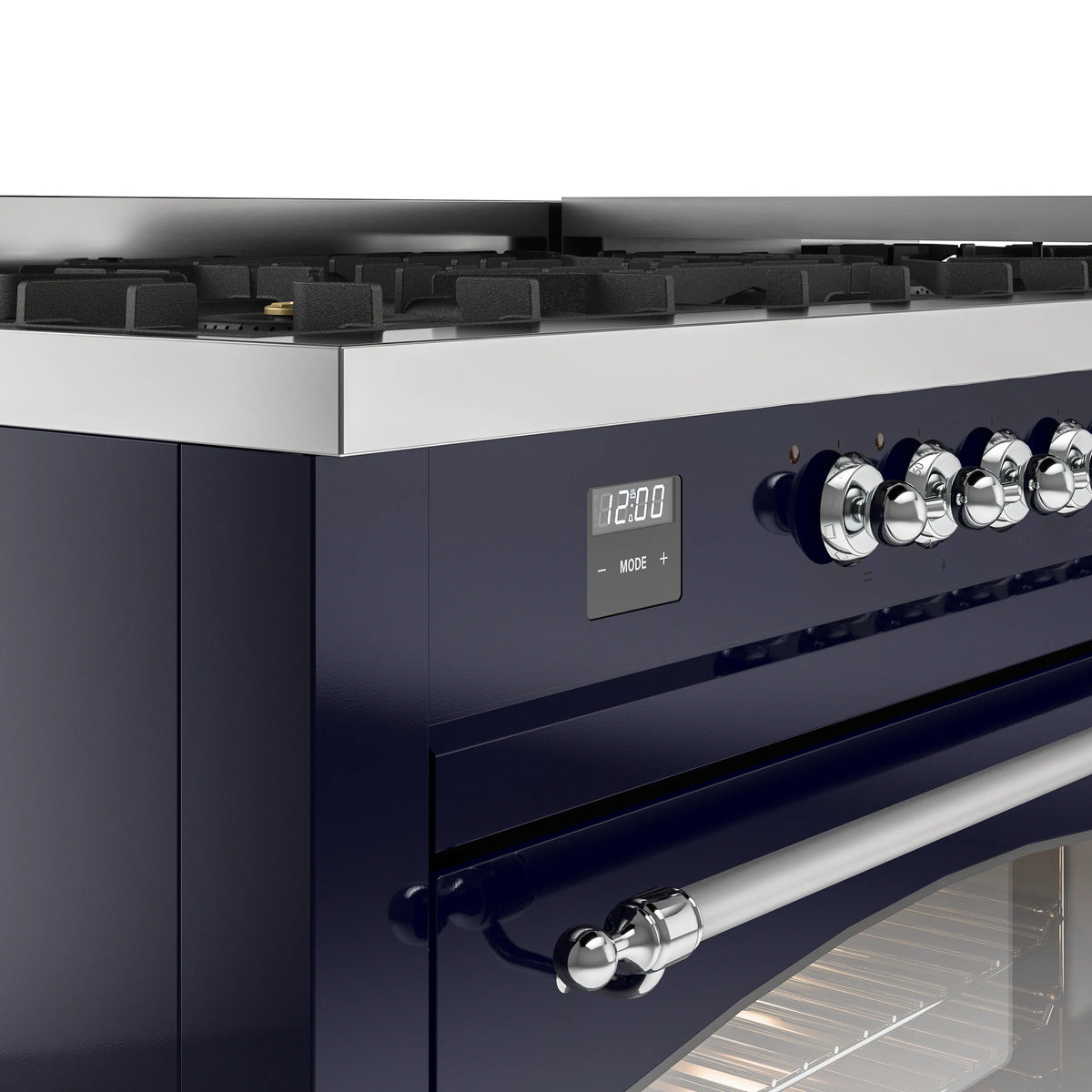 Midnight blue range control panel with chrome knobs and digital display