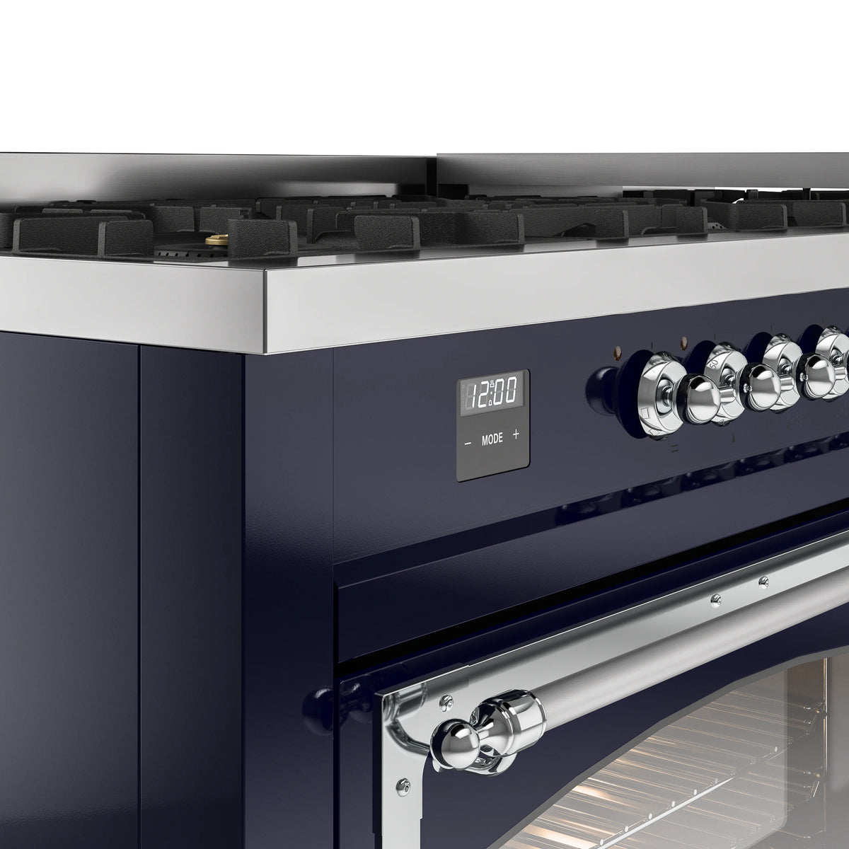 Midnight blue range control panel with digital display and chrome control knobs