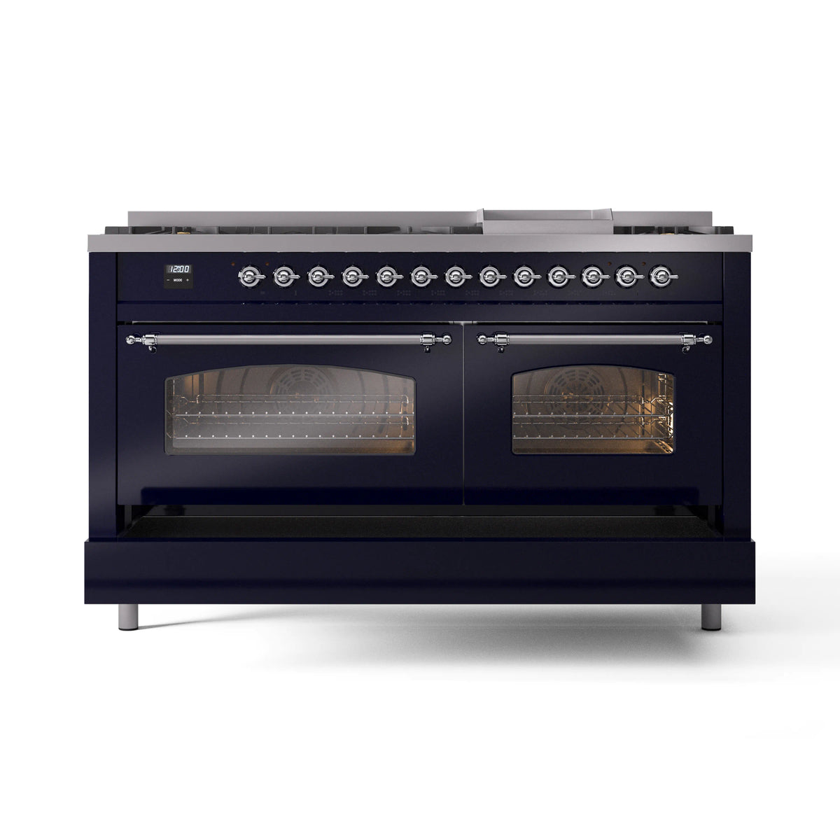 Midnight blue dual fuel range with both oven doors open and chrome control knobs