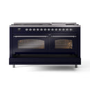 ILVE 60-Inch Nostalgie II Natural Gas Dual Fuel Range with 9 Burners, Griddle and Triple Glass Door Oven in Midnight Blue with Chrome Trim (UP60FNMPMBC)