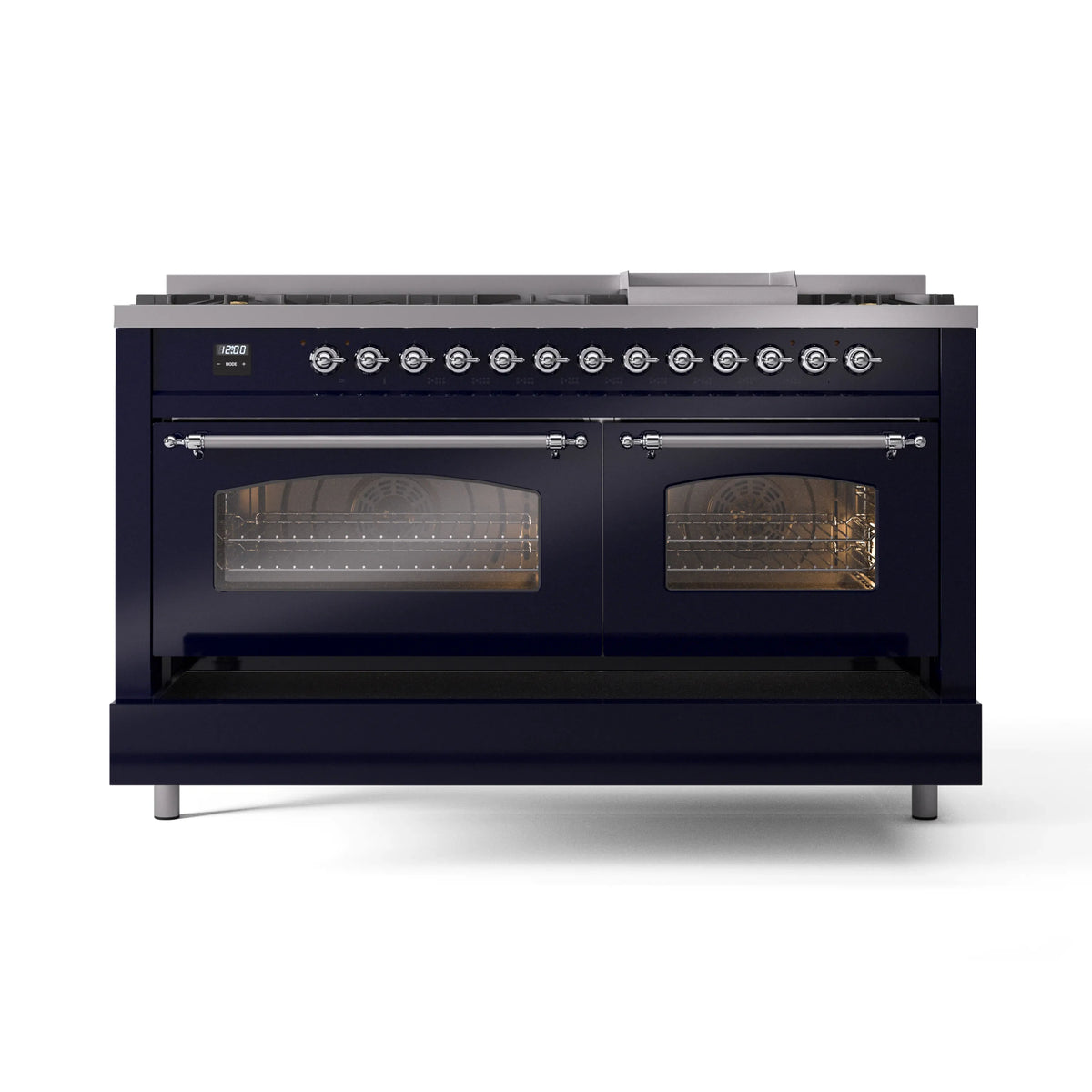 Midnight blue dual fuel gas range front with twin glass oven doors and chrome trim