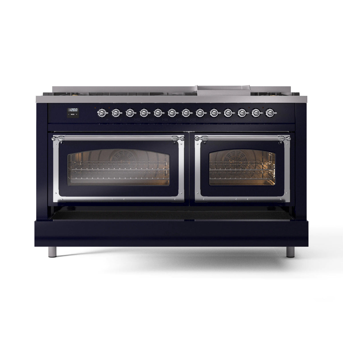 Midnight blue dual fuel range with two oven doors closed and chrome trim
