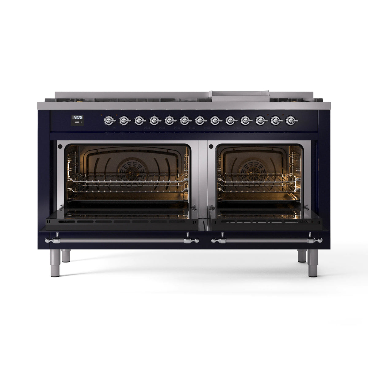 Midnight blue dual fuel gas range with open oven doors showing interior racks