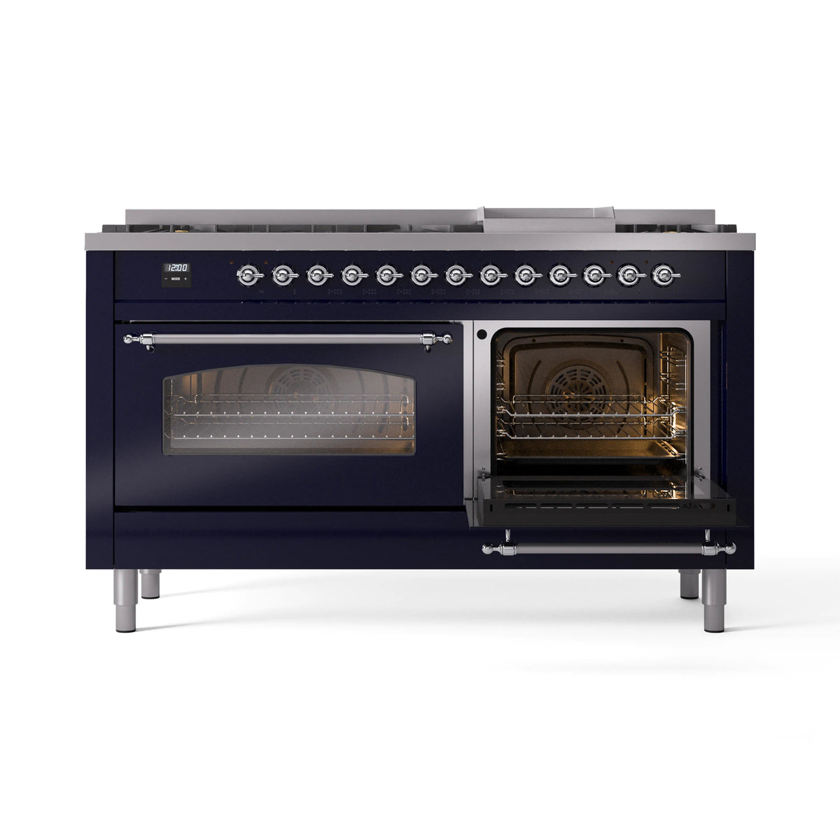 Midnight blue dual fuel gas range with open ovens and glass doors visible