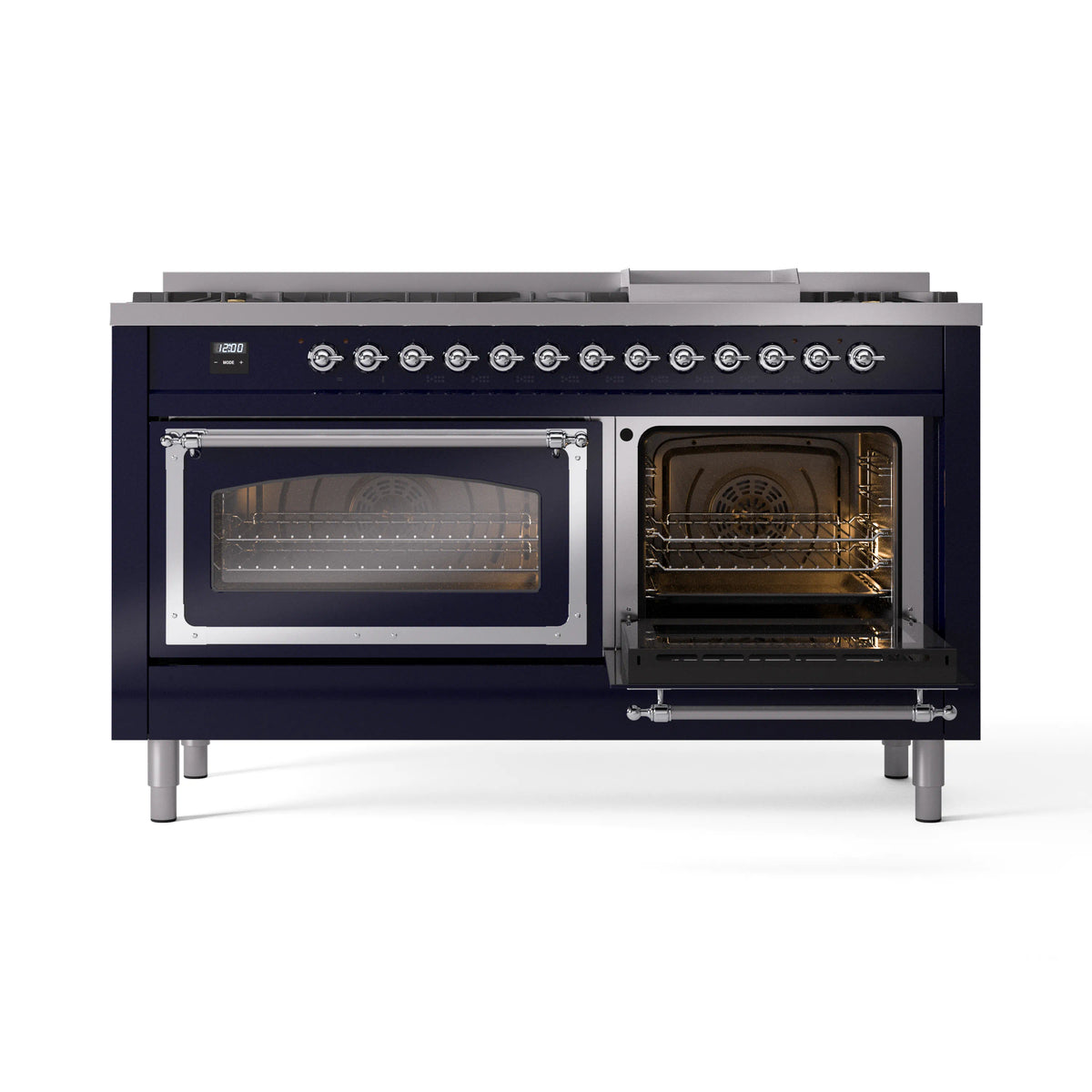 Midnight blue dual fuel range with oven door open showing racks inside