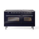 ILVE 60-Inch Nostalgie II Propane Gas Dual Fuel Range with 9 Burners, Griddle and Triple Glass Door Oven in Midnight Blue with Chrome Trim (UP60FNMPMBCLP)