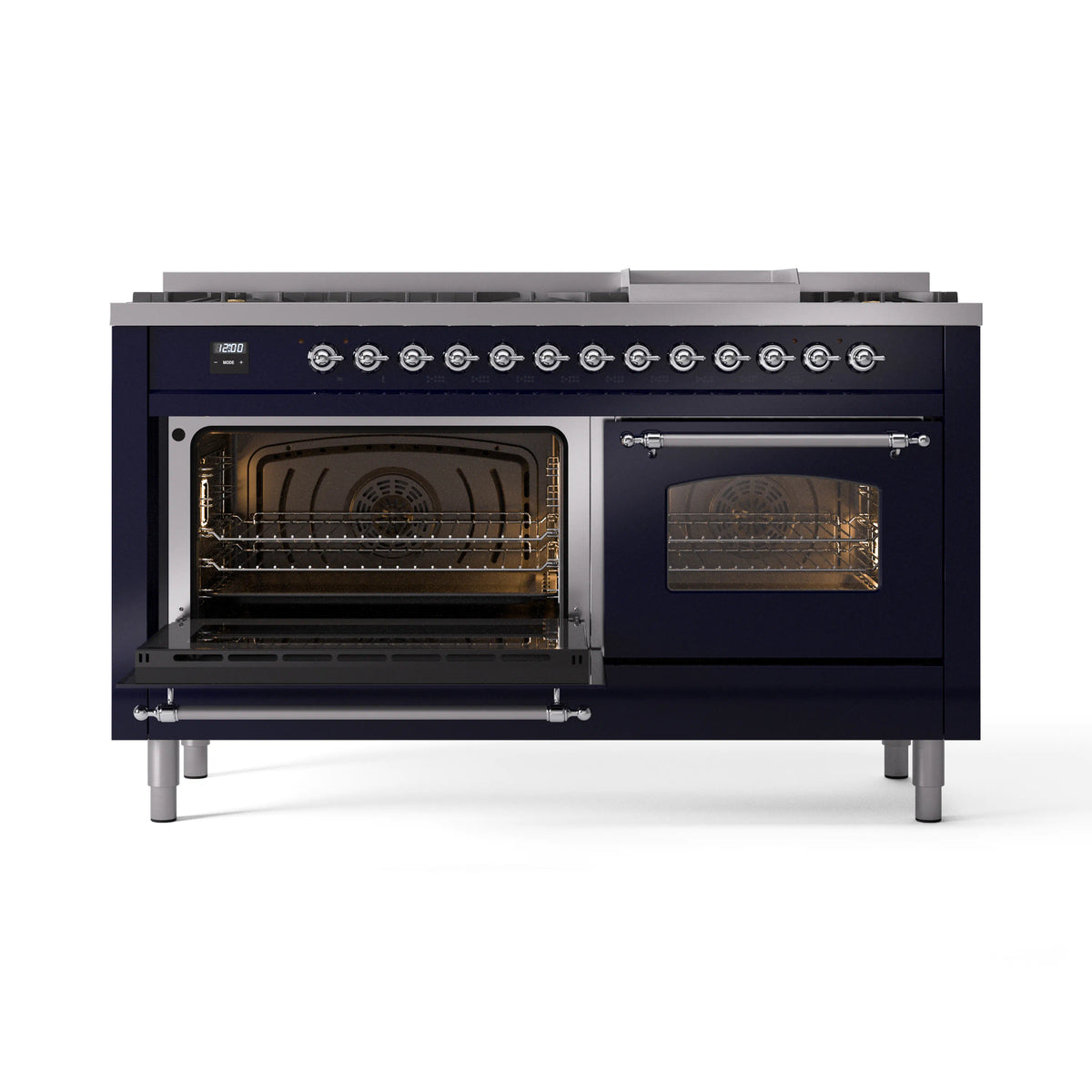 Midnight blue dual fuel gas range with open oven door and illuminated interior racks