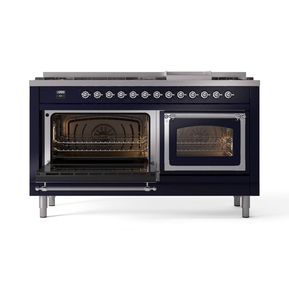 Midnight blue dual fuel range with both ovens open and illuminated heating elements