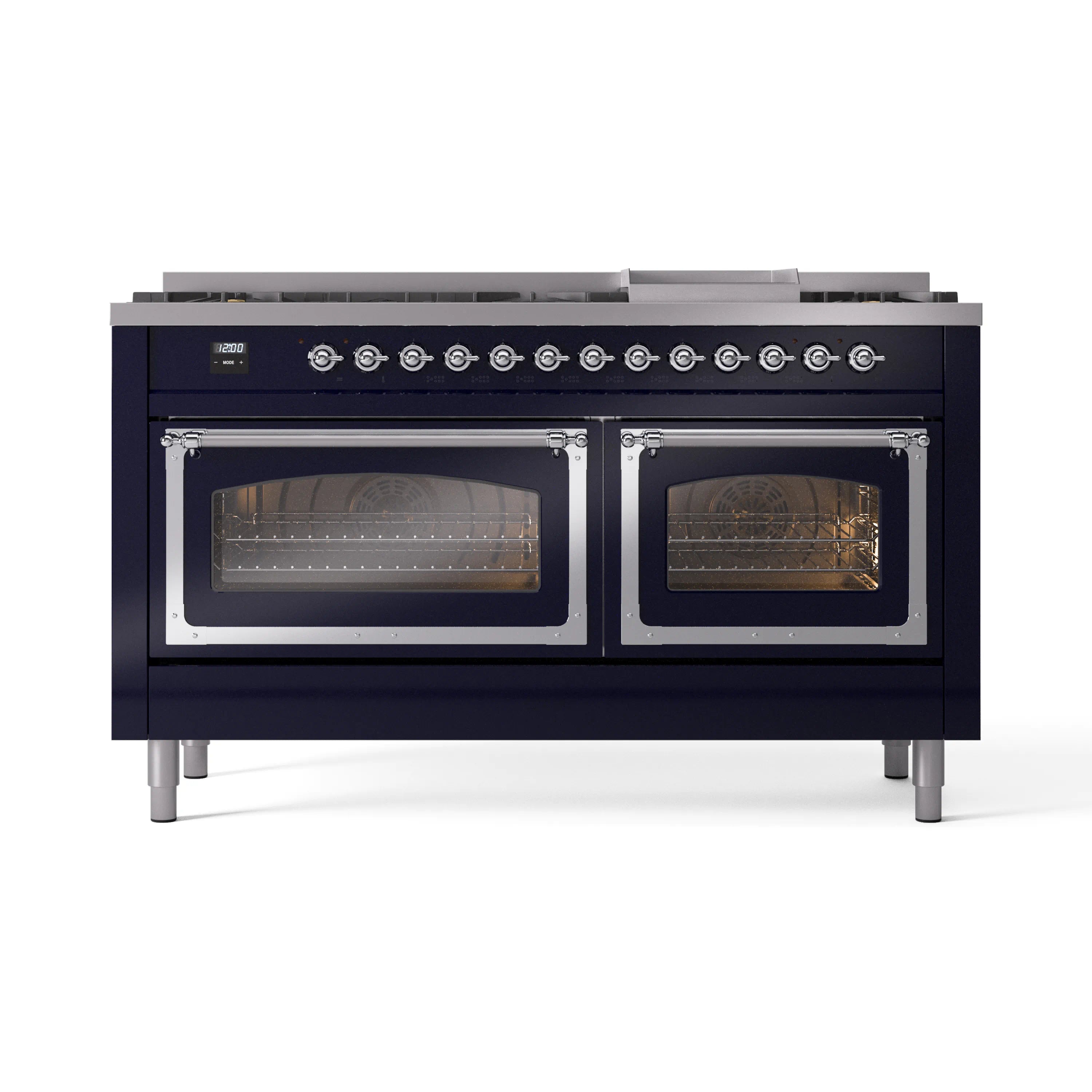 Midnight blue dual fuel range with two oven doors and chrome side trim