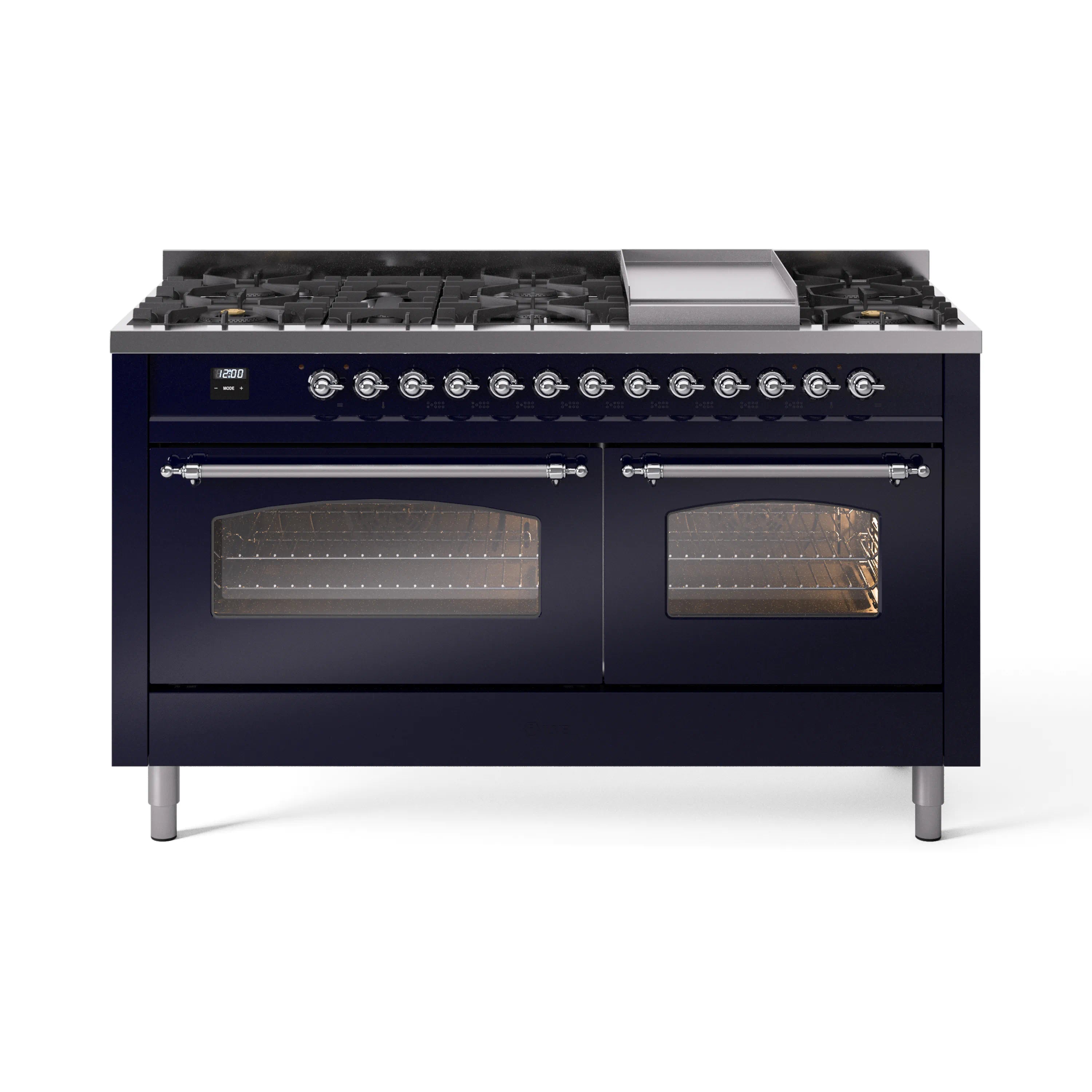 Midnight blue dual fuel gas range with burner grates and glass oven doors