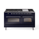 ILVE 60-Inch Nostalgie II Propane Gas Dual Fuel Range with 9 Burners, Griddle and Triple Glass Door Oven in Midnight Blue with Chrome Trim (UP60FNMPMBCLP)