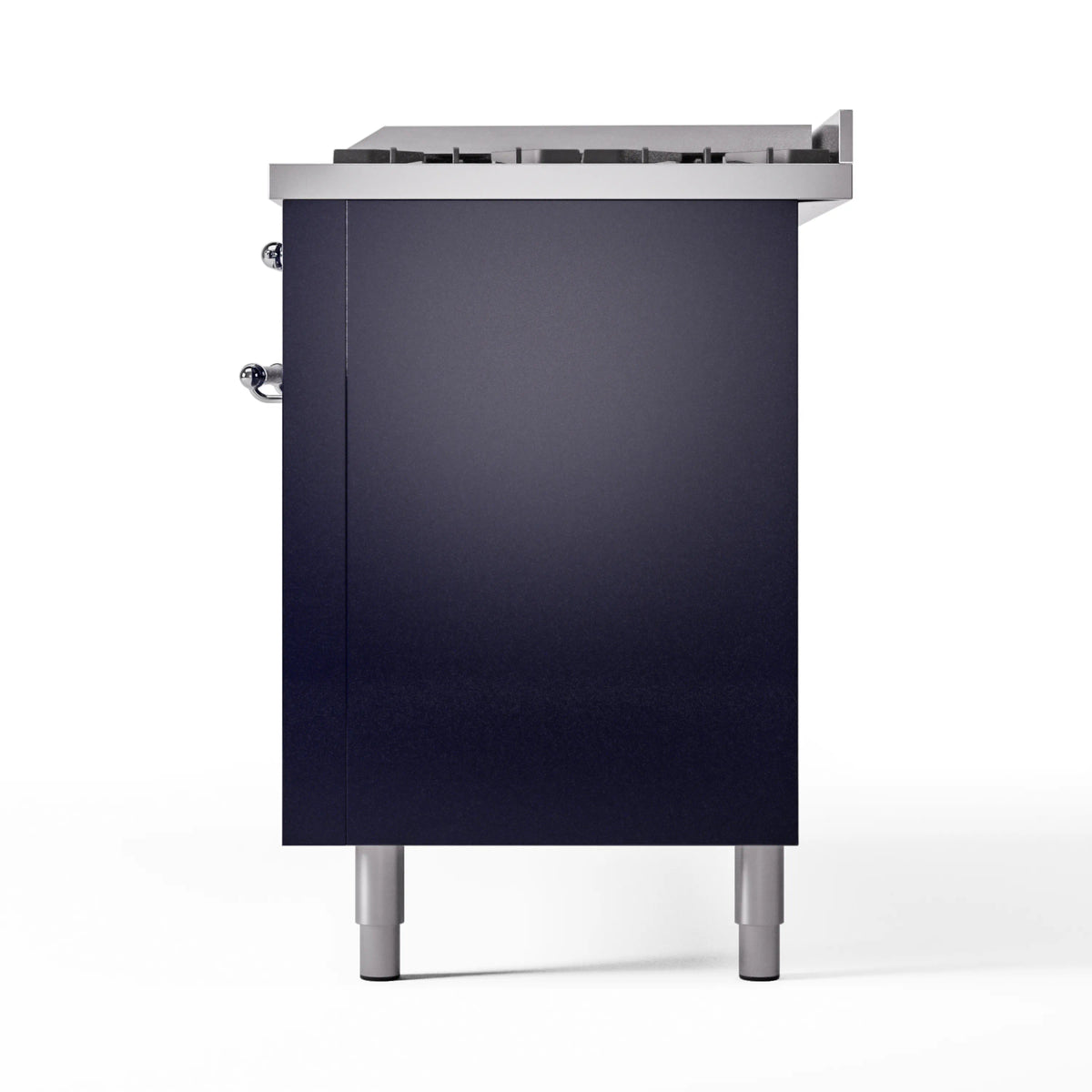 Rear view of midnight blue dual fuel range with rear panel and side fittings